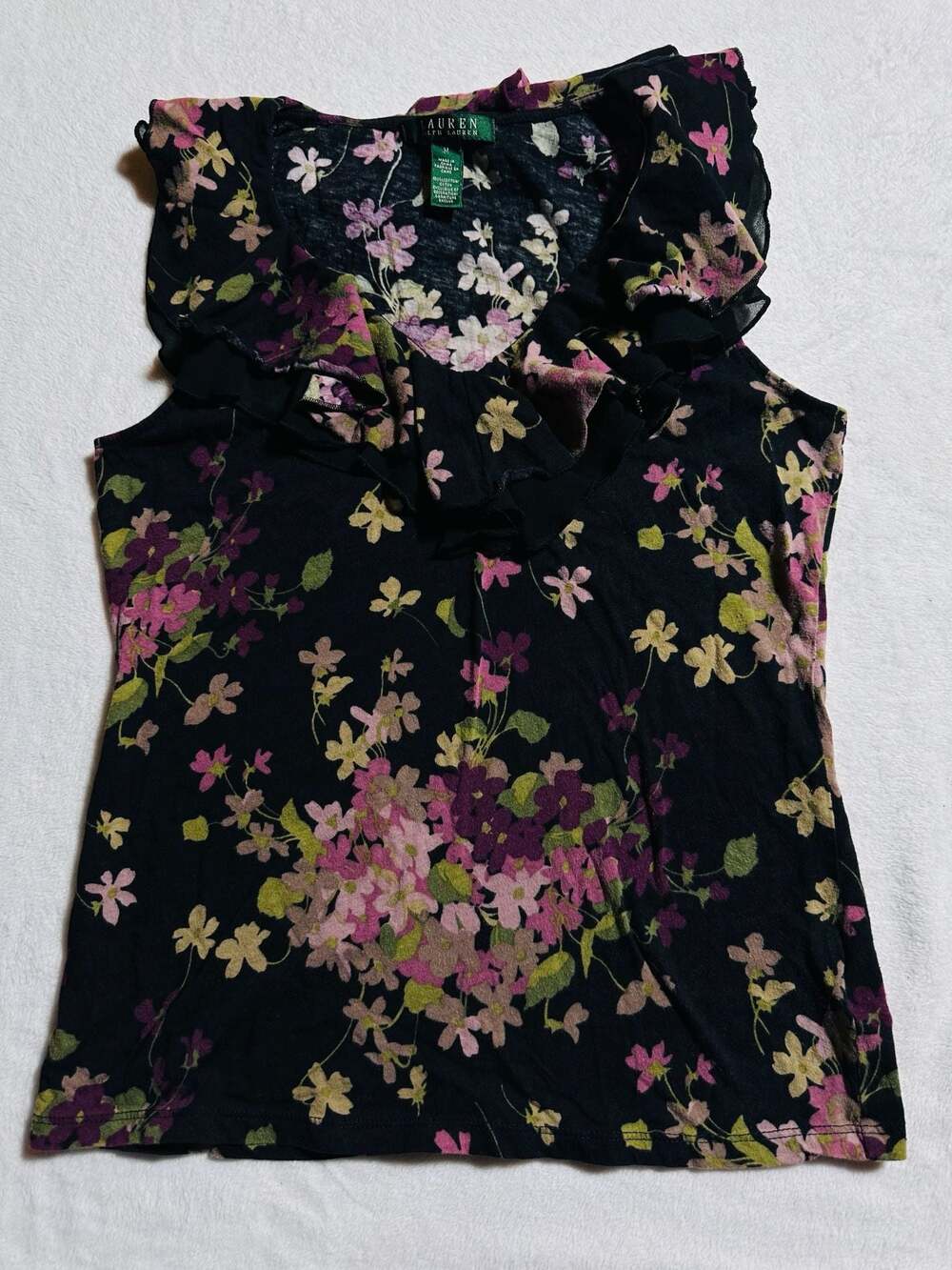 Lauren Ralph Lauren Floral Ruffle Neck Sleeveless Top Size M